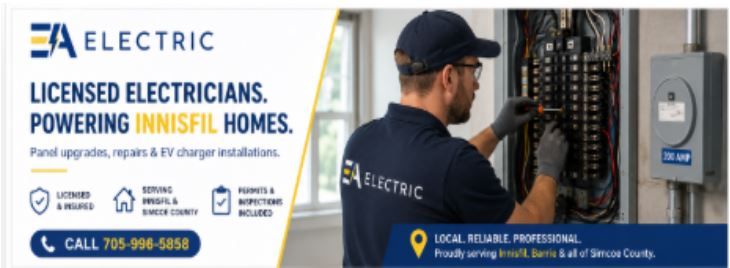 EA Electric licensed electrician performing a residential electrical panel upgrade in Innisfil, Ontario. Local electrical services including panel upgrades, repairs, permits, inspections, and EV charger installation. Call 705-996-5858.