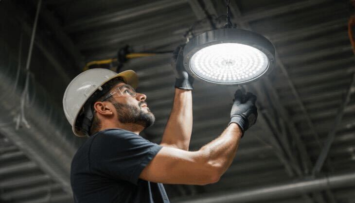 Electrician installing an LED high-bay light fixture in a commercial facility.
