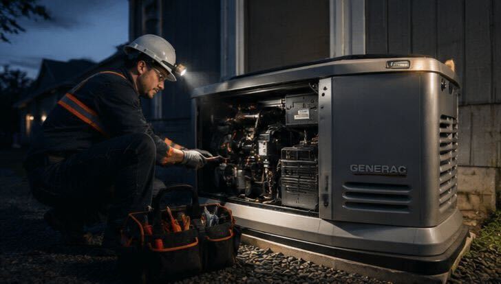Electrician testing electrical wiring with a digital multimeter inside a breaker panel.