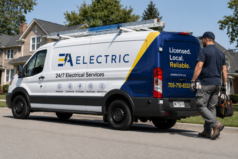 EA Electric service van parked in a suburban neighbourhood with an electrician carrying tools.