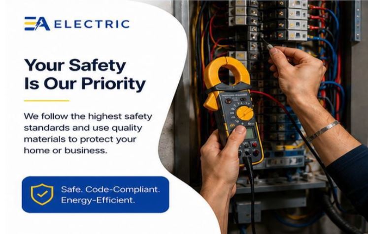 Licensed EA Electric electrician troubleshooting a residential electrical panel while wearing branded company apparel and safety gear inside a Barrie home.