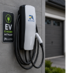 Level 2 EV charger installed on the exterior wall of a modern Innisfil home with EA Electric branding and residential garage in the background.