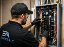 Licensed EA Electric electrician troubleshooting a residential electrical panel inside an Innisfil home while wearing branded company apparel and safety gloves.