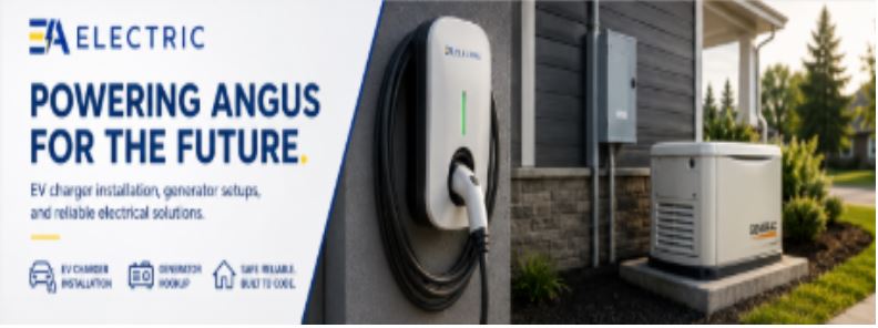 EA Electric EV charger installation and residential generator hookup service for a home in Angus, Ontario. Future-ready electrical solutions including Level 2 EV charging, backup power systems, and licensed electrical services.