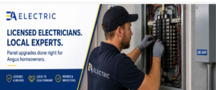 EA Electric licensed electrician performing a 200-amp electrical panel upgrade for a homeowner in Angus, Ontario. Local electrical services including panel upgrades, permits, inspections, and residential electrical work in Essa Township.