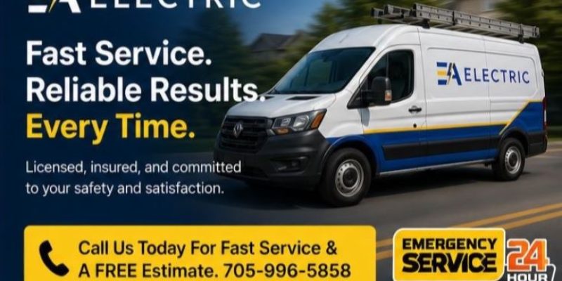 EA Electric service van driving on road representing fast, reliable electrician services in Barrie, Ontario with 24-hour emergency service