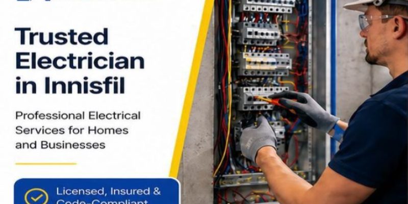 Electrician using digital clamp meter testing electrical panel ensuring safety code compliant and energy efficient electrical work in Innisfil